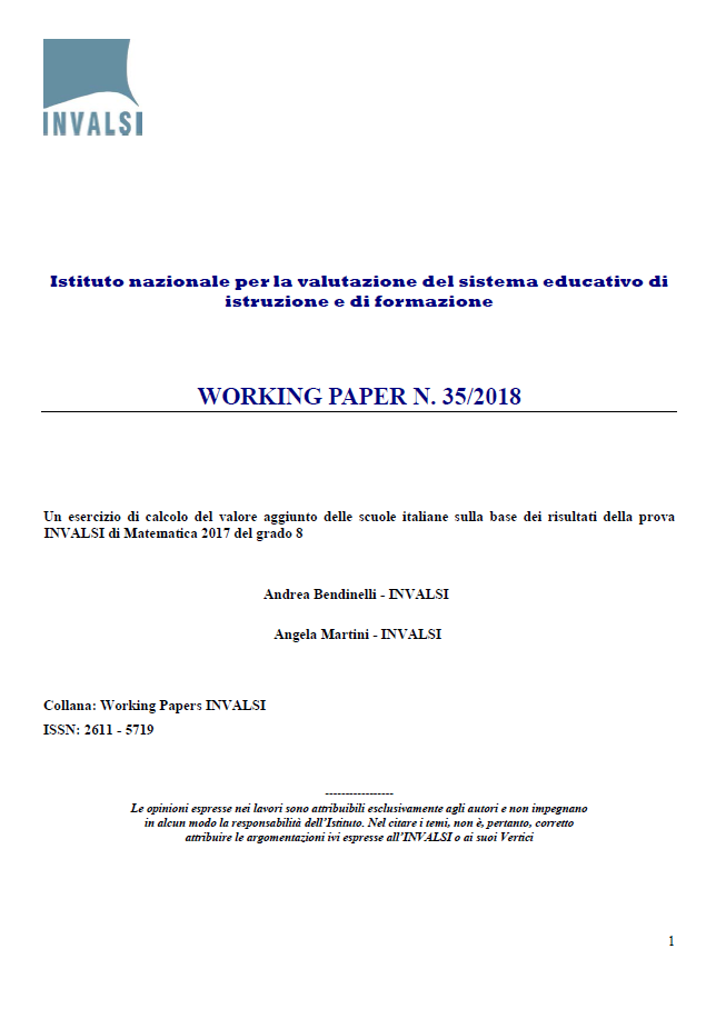 Copertina di Un esercizio di calcolo del valore aggiunto delle scuole italiane sulla base dei risultati della prova INVALSI di Matematica 2017 del grado 8