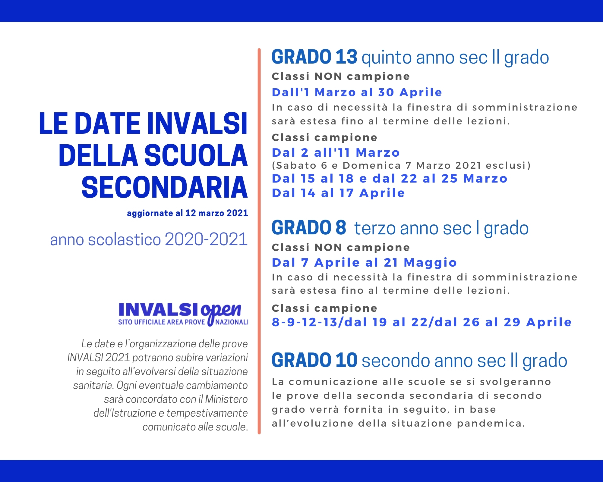Calendario Prove INVALSI 2021 - Scuola secondaria